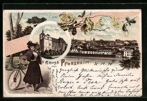 Lithographie Pforzheim, Schlosskirche, Blick v. d. Vorstadt aus