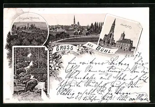 Lithographie Bühl, Burgruine Windeck, Marktplatz, Gertelbach Wasserfälle