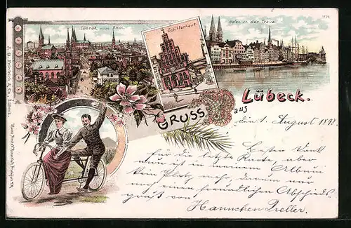 Lithographie Lübeck, Schifferhaus, Hafen an der Trave, Totalansicht vom Dom