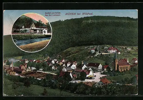 AK Höfen b. Wildbad, Gasthof zum Ochsen, Totalansicht mit Kirche