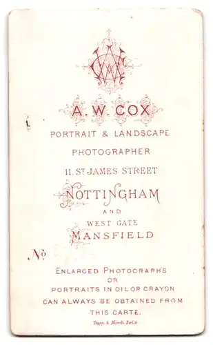 Fotografie A. W. Cox, Nottingham, 11, St. James Street, Älterer Herr im Anzug mit Chin-Strap