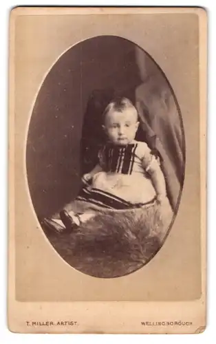 Fotografie T. Miller, Wellingborough, Midland Road, Kleines Kind im Kleid sitzt auf Fell