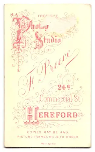 Fotografie F. Preece, Hereford, Commercial St. 24a, Reife Dame auf Stuhl gelehnt