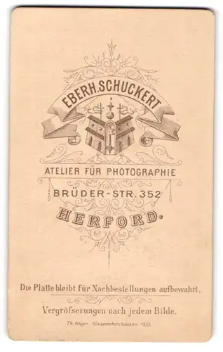 Fotografie Eberhard Schuckert, Herford, Brüderstr. 352, Wappen & Ornamente, Rückseitig Baby Portrait