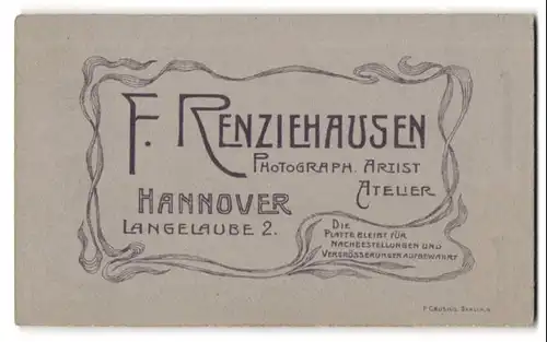 Fotografie F. Renziehausen, Hannover, Langelaube 2, Schriftzug mit floraler Verzierung, Rückseitig Damen Portrait