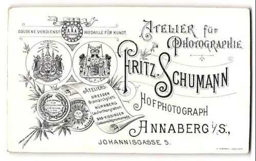 Fotografie Fritz Schumann, Annaberg i. S., Johannisgasse 5, Wappen mit Dokument & Medaillen, Rückseitig Damen Portrait