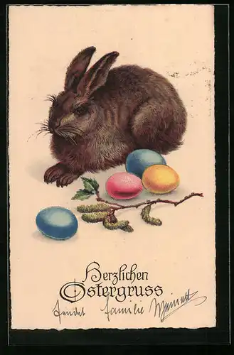 AK Osterhase neben Eiern und Birkenzweig
