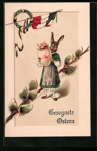 AK Fräulein Osterhase mit Weidenkätzchen