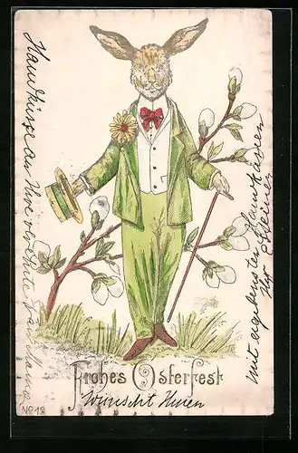 Präge-AK Osterhase im grünen Anzug