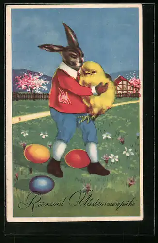 AK Osterhase und Osterküken in inniger Umarmung