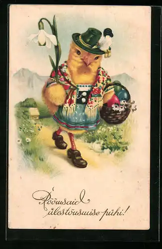 AK Osterküken in Tracht bei Wanderung