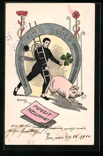 AK Schornsteinfeger mit Schwein und grossem Hufeisen