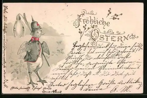 AK Osterküken in Uniform mit Pickelhaube