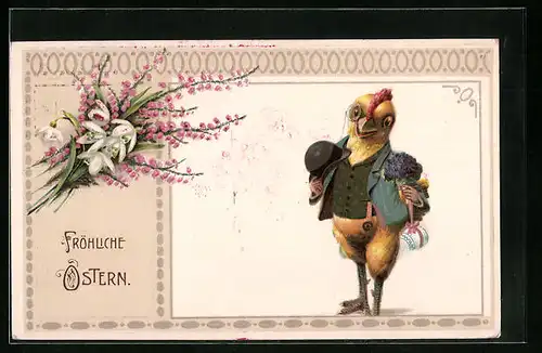 AK Osterküken mit Kleidung und Blumenstrauss