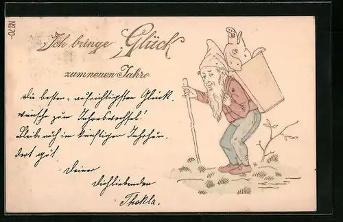 AK Zwerg mit Schwein in Kiepe