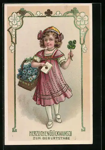 AK Mädchen mit Geburtstags-Blumenkorb