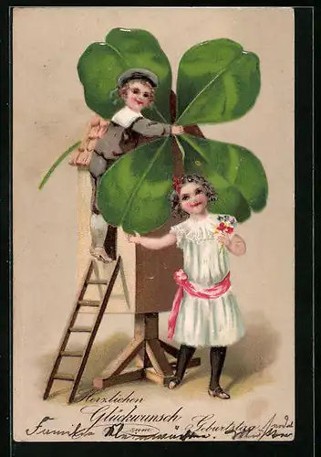 Präge-AK Kinder mit Windmühle aus Kleeblatt