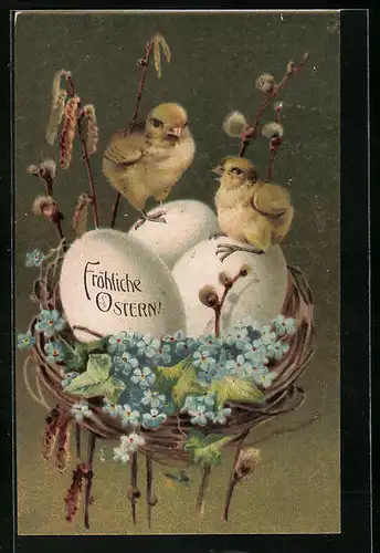 AK Osterküken auf Vogelnest