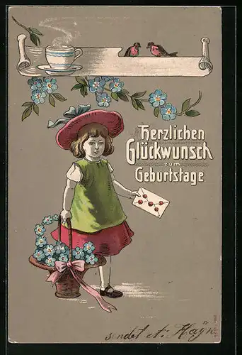 AK Mädchen mit Blumenkorb, Geburtstag
