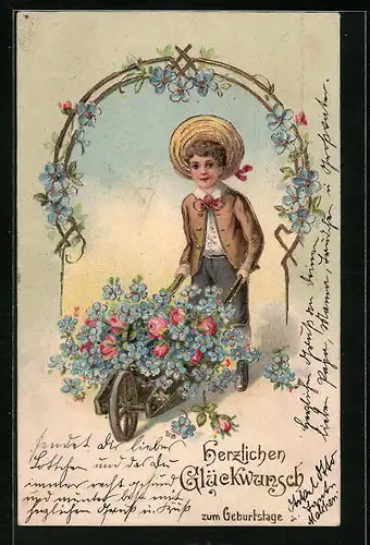 AK Knabe mit Schubkarre voller Blumen, Geburtstag
