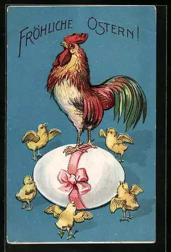 AK Osterküken tanzen um Hahn herum