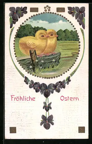 AK Osterküken auf Zaun im Grünen