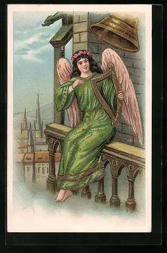 AK Engel mit Harfe auf Glockenturm
