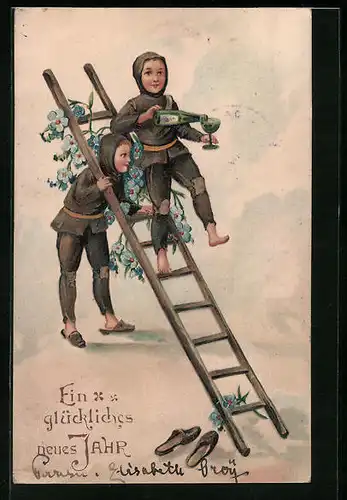 Präge-AK Schornsteinfeger mit Sekt auf Leiter