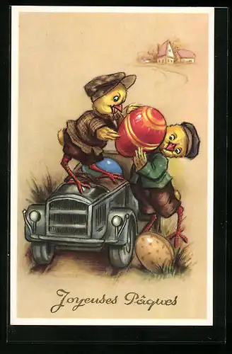 AK Osterküken beladen ihr Automobil mit Eiern