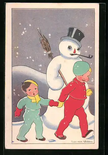 AK Kinder im Schnee mit Schneemann