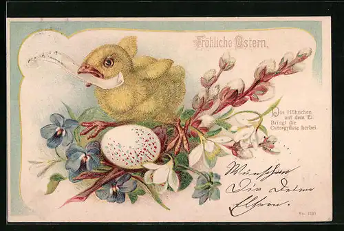 AK Osterküken mit Notiz auf Blumen