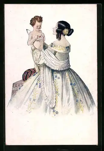 AK Dame hält Amor mit Brief fest