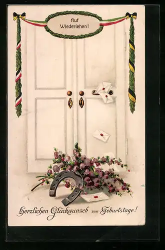 AK Hufeisen mit Blumen vor Haustür