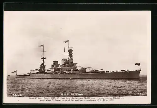 AK Britisches Kriegsschiff HMS Renown auf Steuerbord