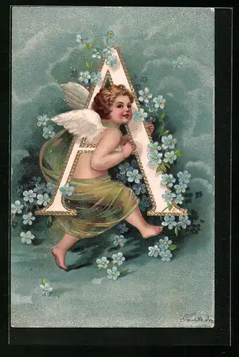 Präge-AK Engel trägt Buchstabe A mit Vergissmeinnicht-Blüten
