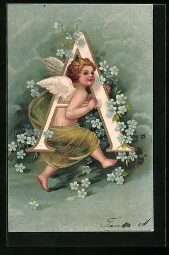 Präge-AK Engel läuft mit Buchstabe A und Vergissmeinnicht-Blüten