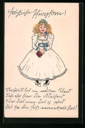 Künstler-AK Brüder Kohn (B.K.W.I) Nr. 34: Mädchen in Kleid mit Reifrock - Pfingstgruss