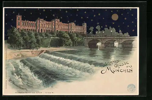 Lithographie München, Königliches Maximilianeum unterm Sternenhimmel