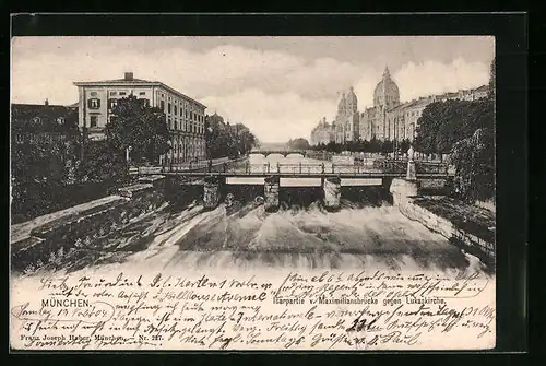 AK München, Isarpartie v. Maximiliansbrücke gegen Lukaskirche