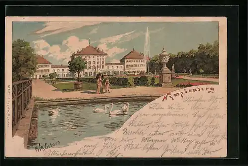Lithographie Nymphenburg, Ortspartie mit Schwanenteich und Fontäne