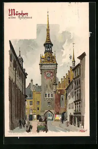 Künstler-AK Karl Mutter: München, Altes Rathaus mit Tor und Pferdewagen