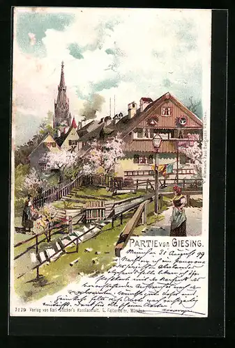 Lithographie Giesing, Ortspartie mit Kirche