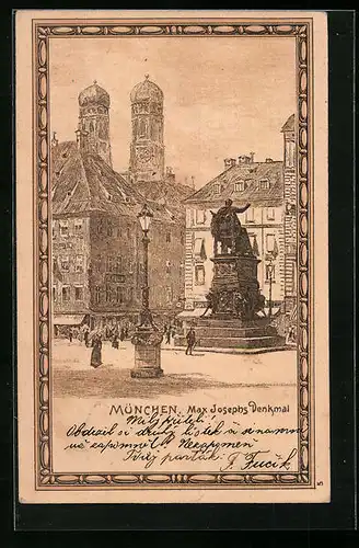Künstler-AK München, Max Josephs Denkmal gegen Frauenkirche