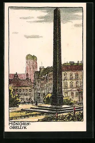 Steindruck-AK München, Obelisk gegen Frauenkirche