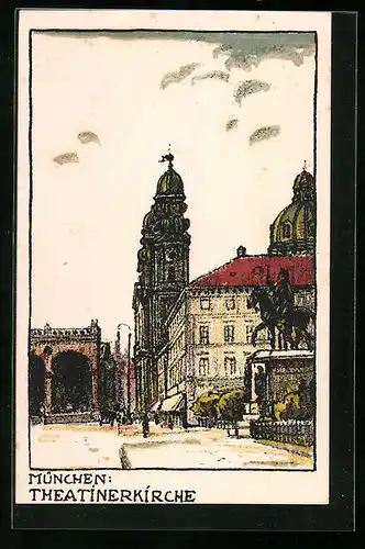 Steindruck-AK München, Theatinerkirche mit Denkmal