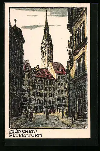 Steindruck-AK München, Strassenpartie mit Petersturm