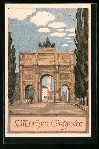 Steindruck-AK München, Strassenpartie mit Siegestor