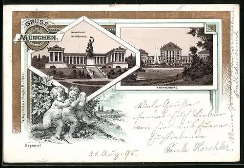 Vorläufer-Lithographie München, 1895, Bavaria mit Ruhmeshalle, Nymphenburg