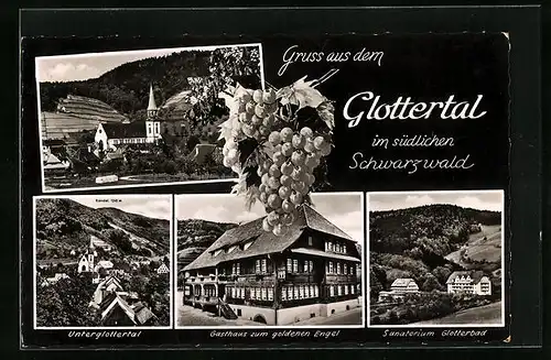 AK Glottertal, Gasthaus zum goldenen Engel, Sanatorium Glotterbad, Ortspartie mit Kirche
