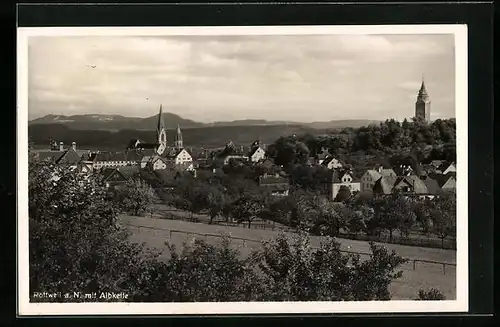 AK Rottweil, Kirche mit Hochturm und Albkette